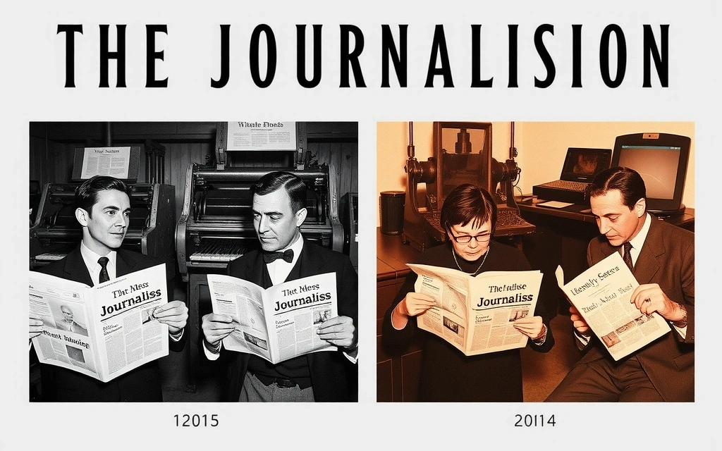 Immagine storica che mostra l'evoluzione del giornalismo con persone che leggono giornali e usano computer