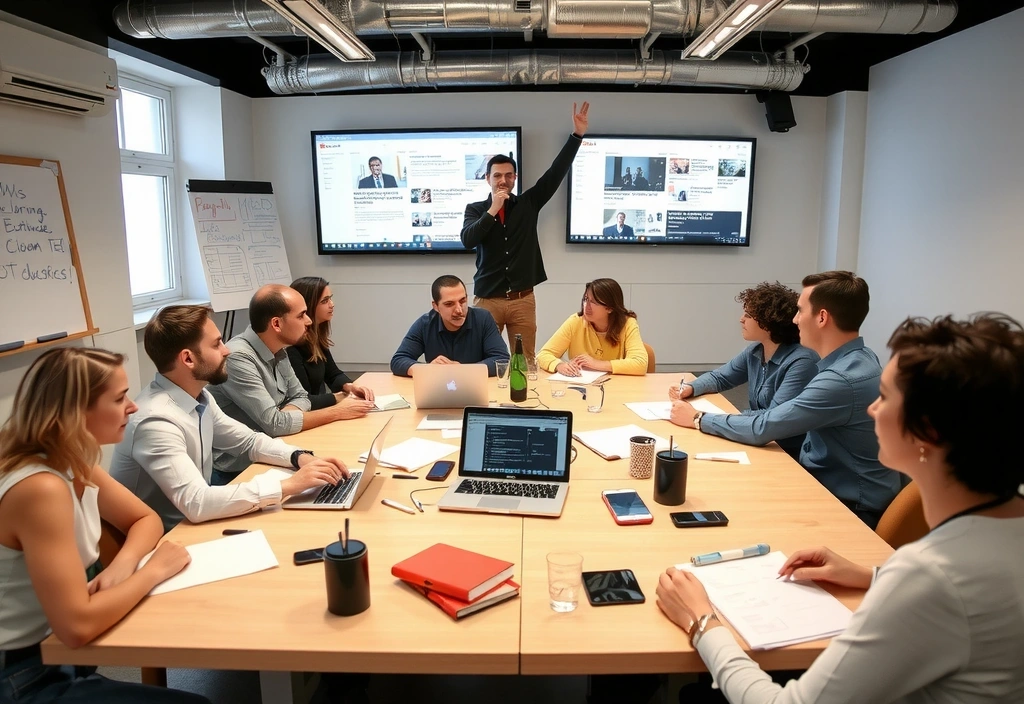 Team editoriale di Luce Quotidiano in una riunione collaborativa, con lavagne e schermi, piena di energia e idee