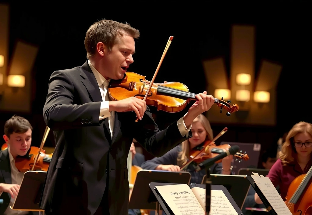 Un musicista che suona un violino con passione in un'orchestra