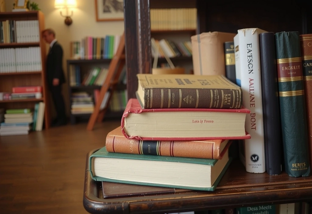 Una pila di libri antichi e moderni su uno scaffale di legno