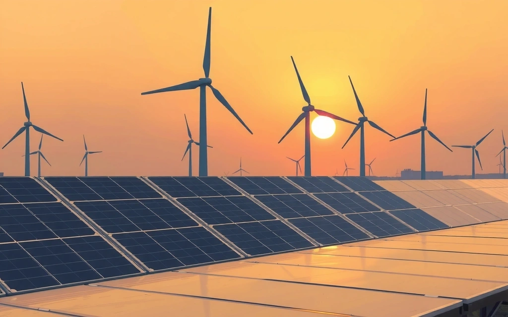 Pannelli solari e turbine eoliche al tramonto, simboleggiando energia rinnovabile