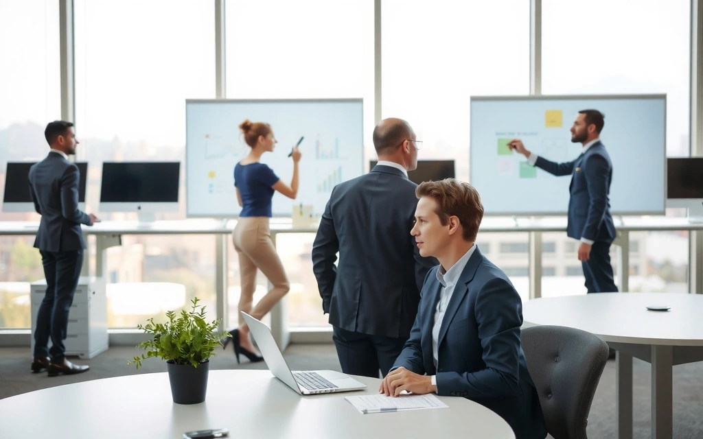 Persone che lavorano in un ufficio moderno con computer e lavagne interattive