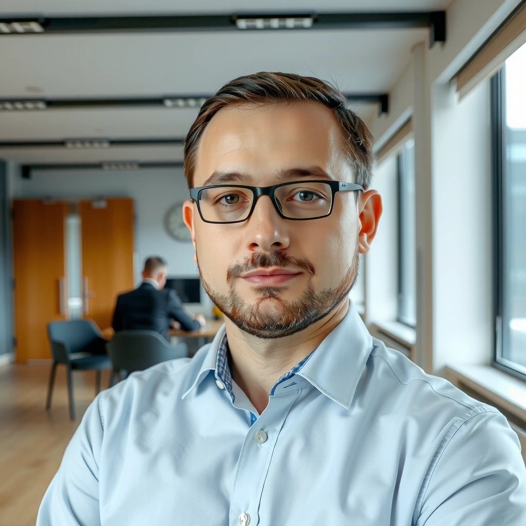 Ritratto di un economista senior con occhiali, in un ambiente da ufficio moderno