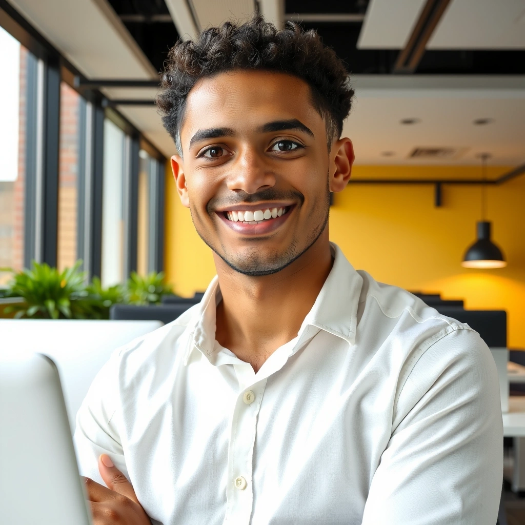 Ritratto di una giovane analista finanziaria sorridente, in un ufficio luminoso
