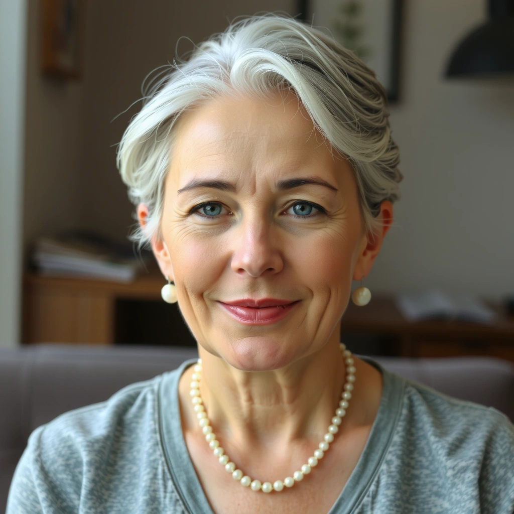 Ritratto di una donna matura, con espressione saggia, in un ambiente confortevole