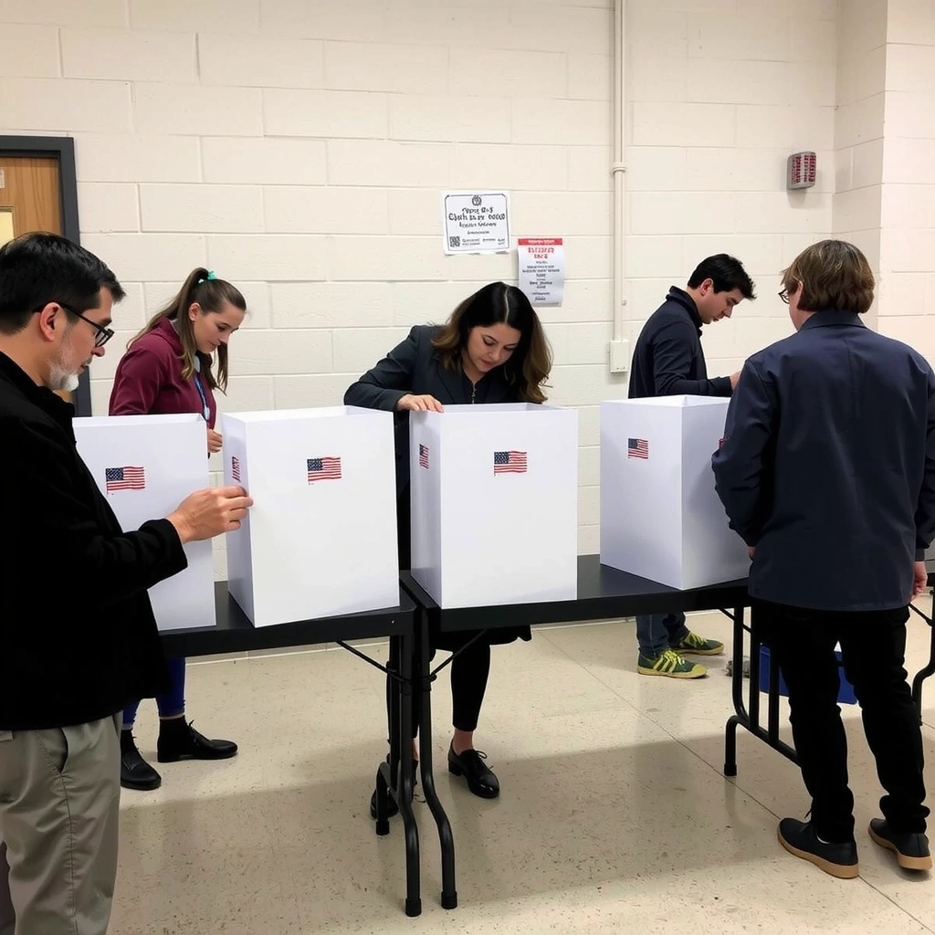 Cittadini che votano in un seggio elettorale, con urne e cabine.