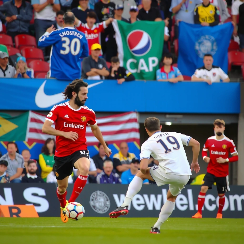 Giocatori di calcio in azione su un campo verde, con spettatori sullo sfondo.