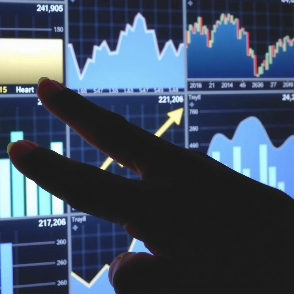Grafici finanziari in crescita su uno schermo, con una mano che indica i dati.