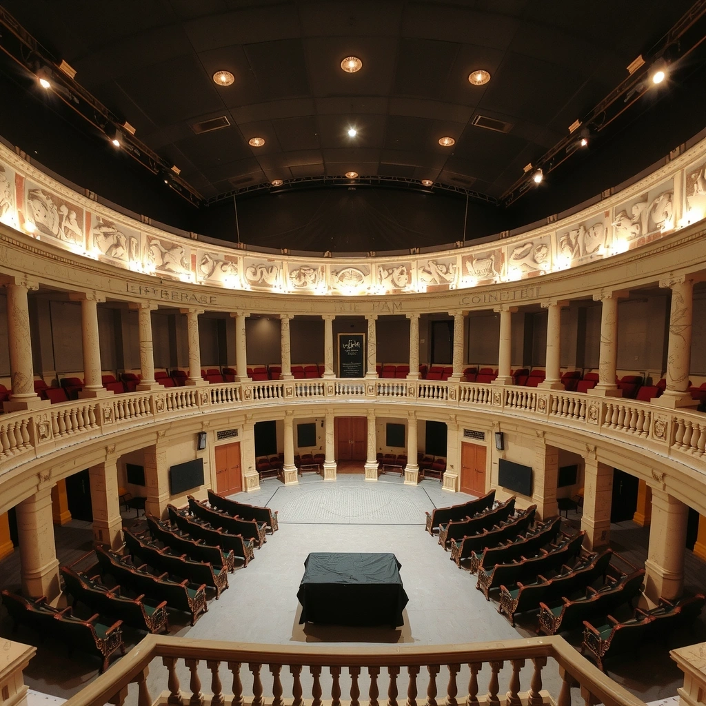 Interno di un teatro antico con luci soffuse, pronto per uno spettacolo.