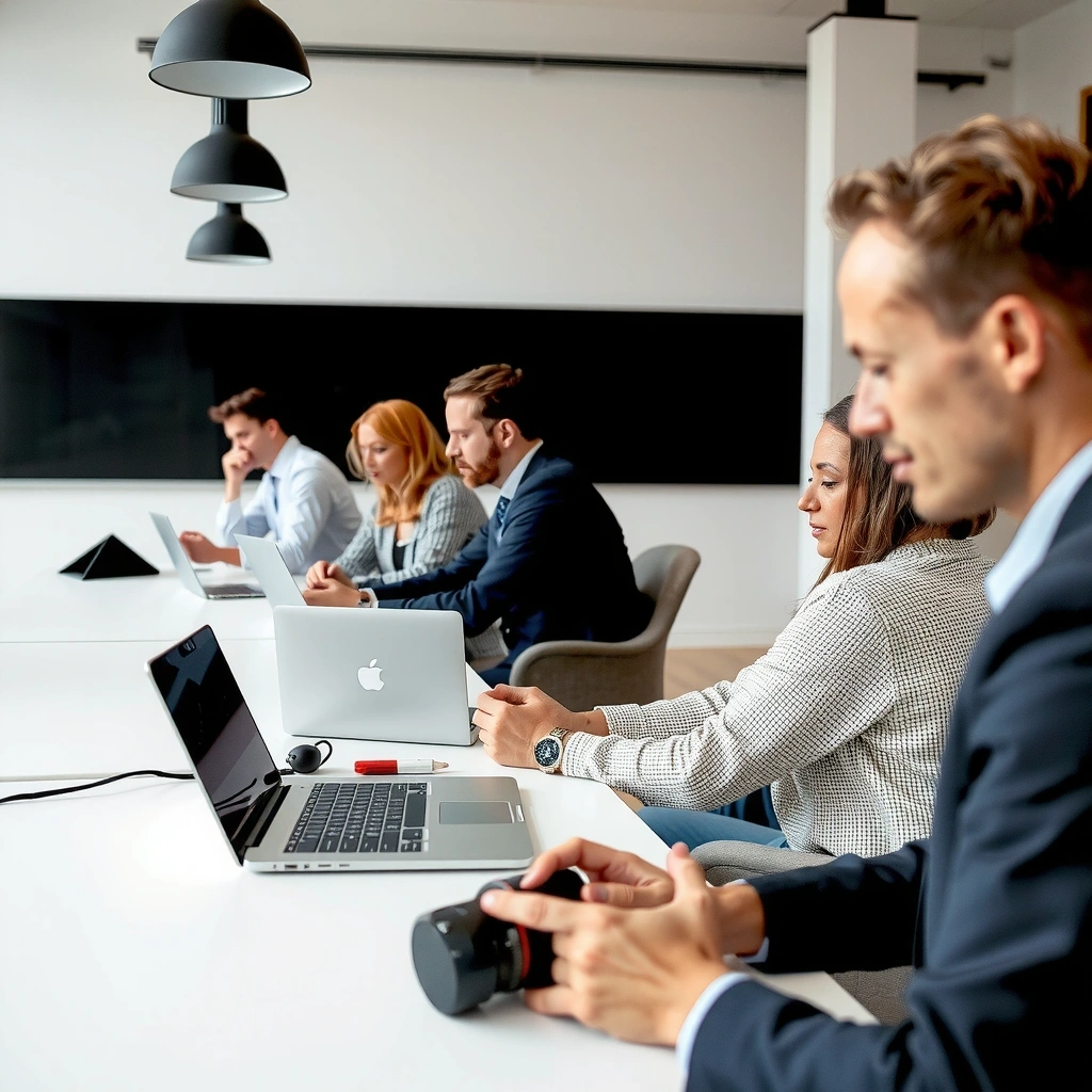 Persone che lavorano con laptop e tablet in un ufficio moderno.