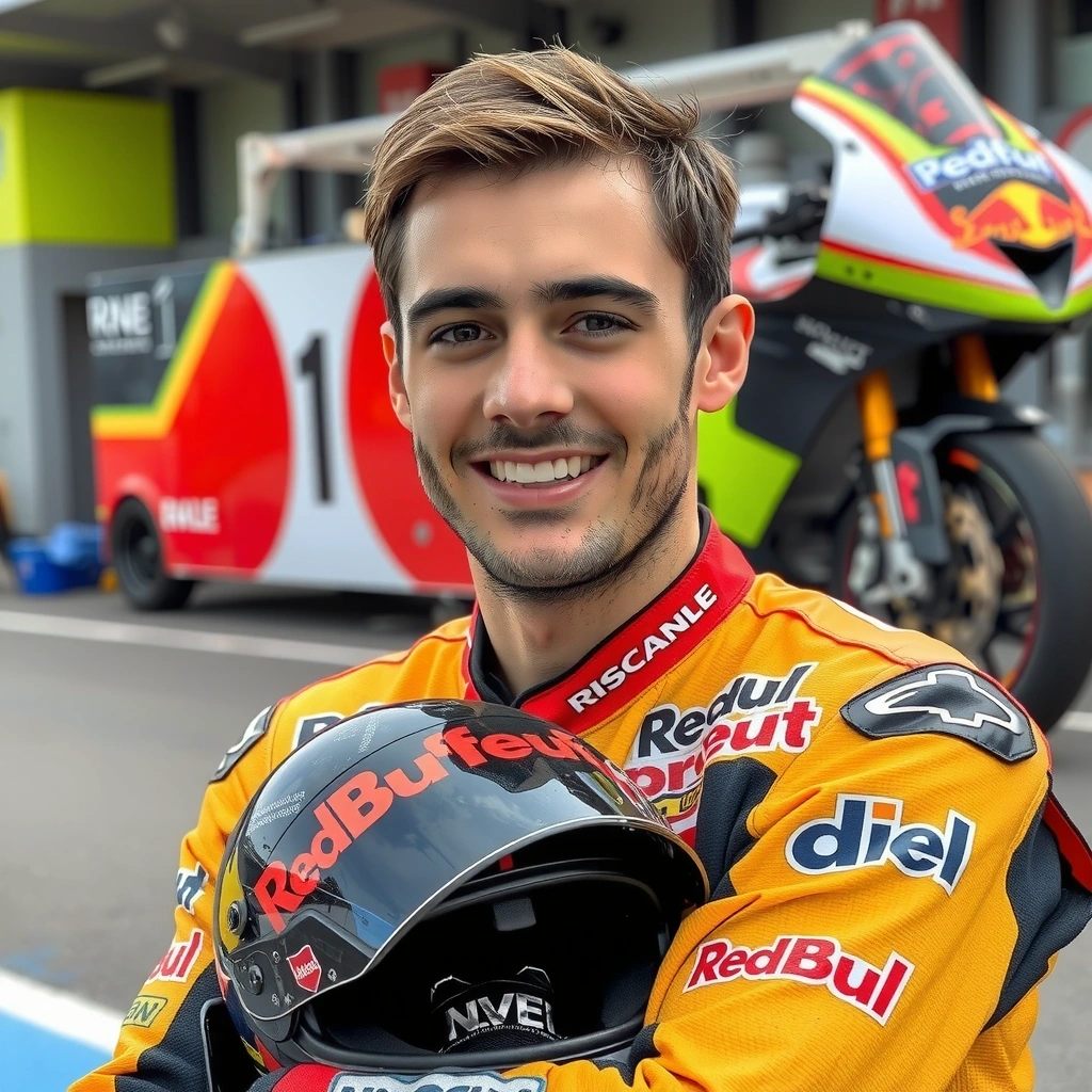 Ritratto di un pilota di moto sorridente con casco in mano