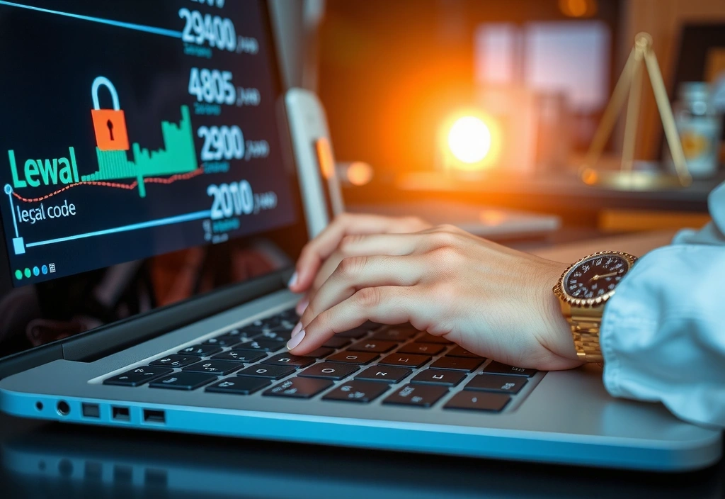 Mani che digitano su una tastiera, con codice legale e icone di protezione dati che si riflettono sullo schermo.